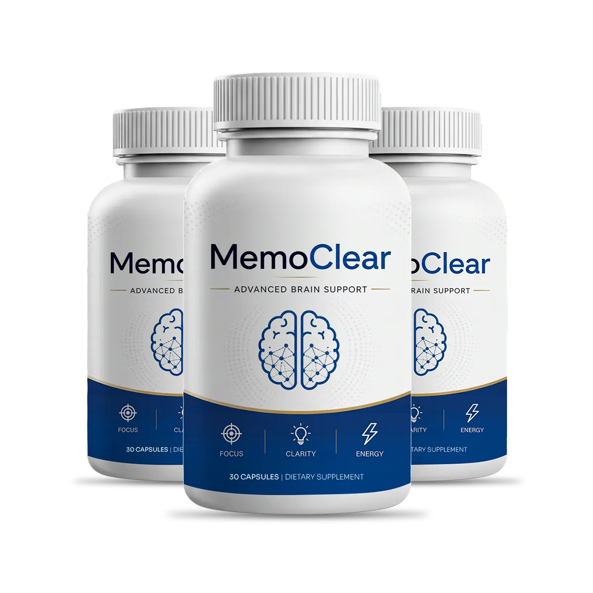 Three bottles of MemoClear cognitive supplement