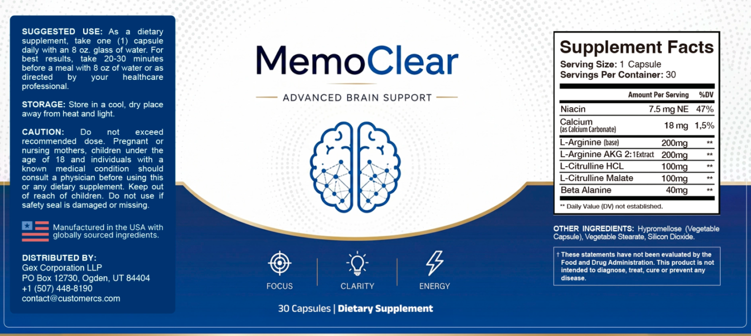 MemoClear Official Supplement Facts and Ingredients Label
