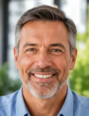 A smiling mature man wearing glasses